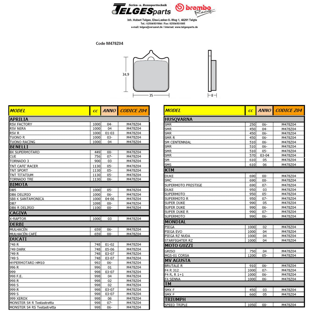 Brembo Pure Racing-Brake Pads Z04, M478Z04