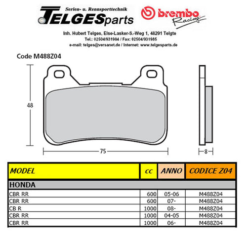 Brembo Pure Racing-Brake Pads Z04, M488Z04