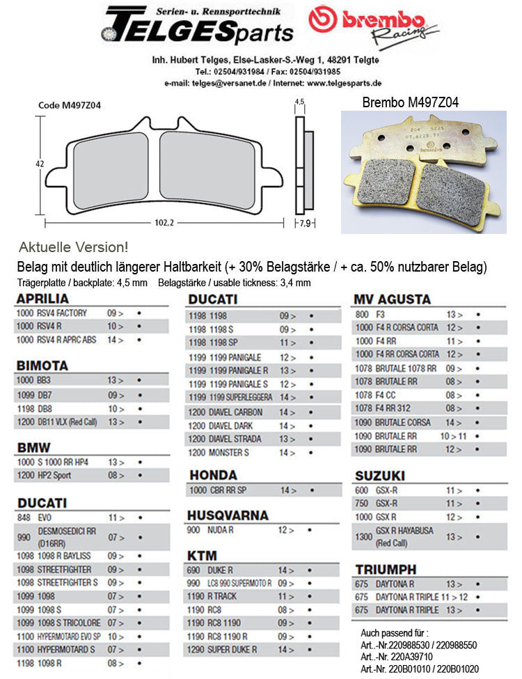 Brembo Pure Racing-Brake Pads Z04, M497Z04