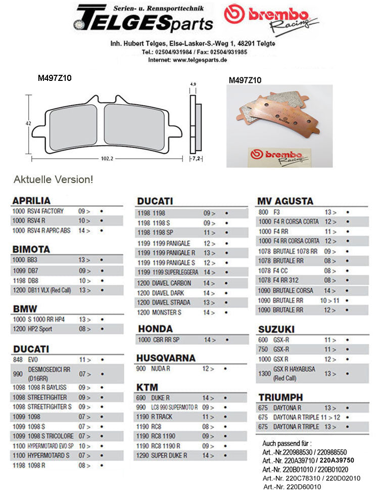 Brembo Pure Racing-Brake Pads Z10, M497Z10