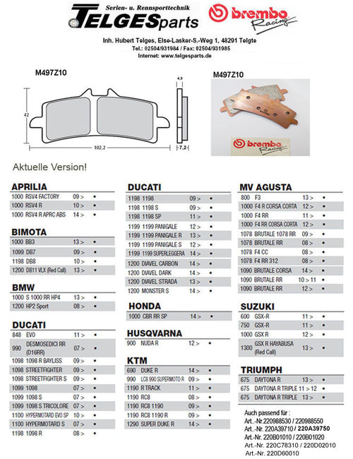 Brembo Pure Racing-Brake Pads Z10, M497Z10