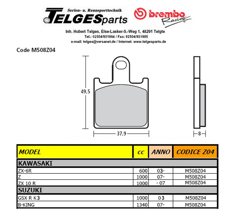 Brembo Pure Racing-Brake Pads Z04, M508Z04