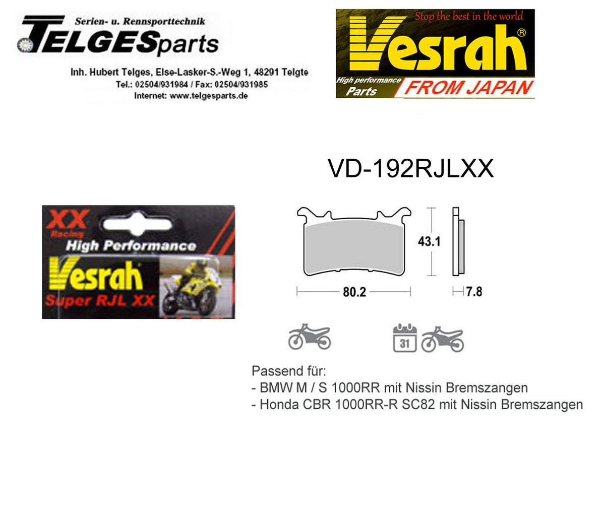 Vesrah Racing-Bremsbeläge RJLXX VD-192RJLXX