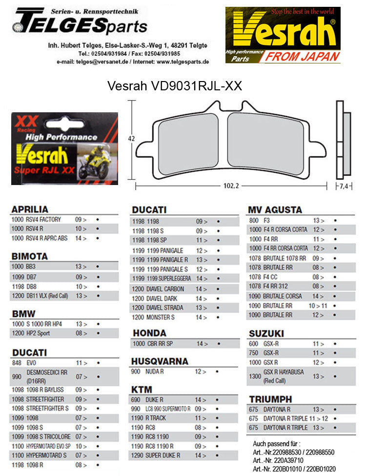 Vesrah Racing-Bremsbeläge RJLXX, VD-9031RJLXX